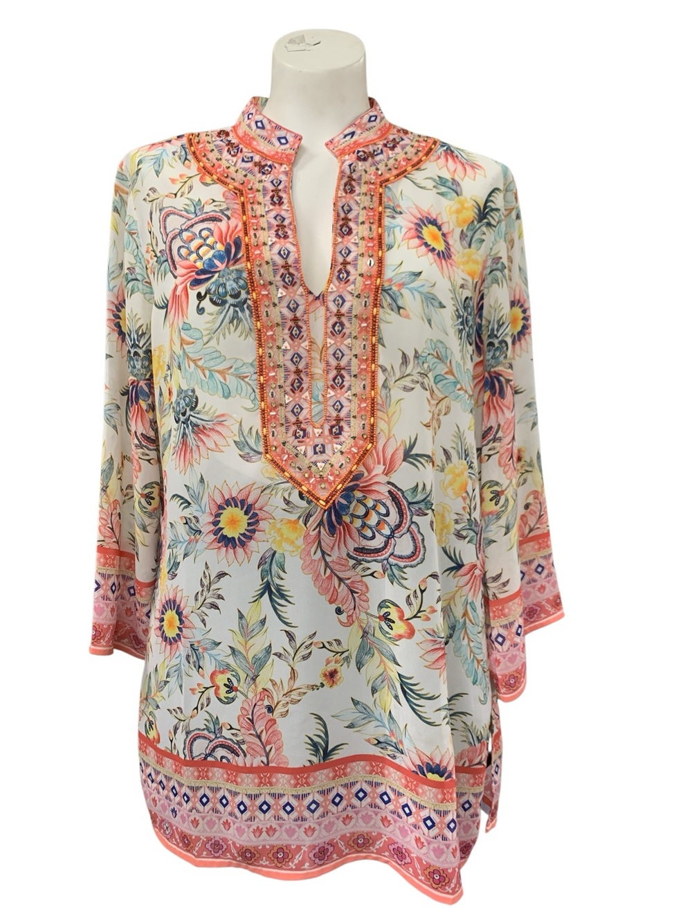 Pia Rossini Floral V-Neck Cream Tunic with Coral Trim Size L